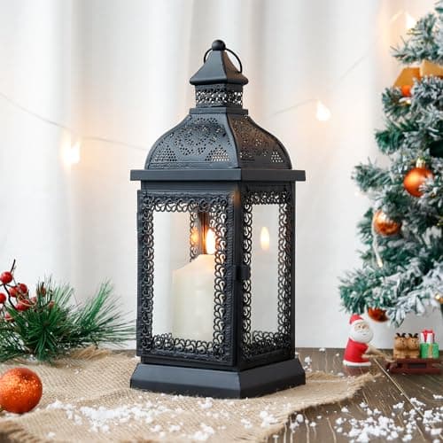 TRIROCKS Lanterne à bougie en métal de style rustique de 33 cm de haut avec verre trempé pour Noël, salon, jardin, terrasse, fêtes, intérieur et extérieur (noir)