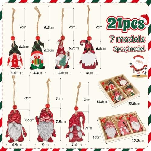 21PCS Décorations de Noël Ornement Pendentif en Bois Gnomes de Noël avec Corde et Perle Ornements à Suspendre avec Boîtes de Rangement Décoration Sapin Chambre Cadeau de Noël