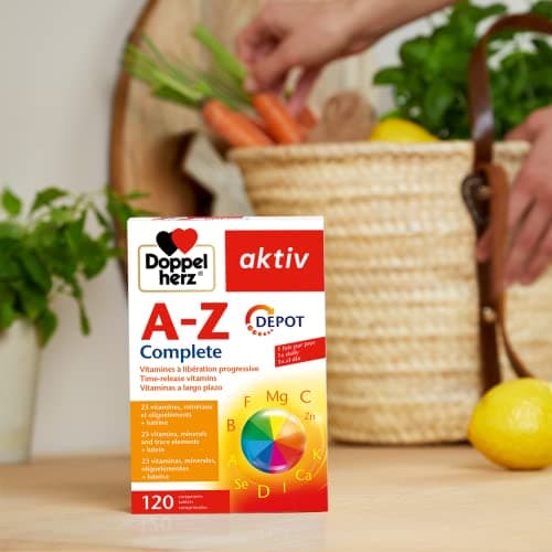 Doppelherz aktiv A-Z Complete Depot, Complément alimentaire, Vitamines à libération progressive, calcium, magnésium, fer, zinc, biotine, acide folique, 120 comprimés