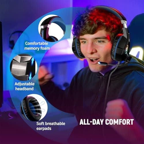 Ozeino Casque Gaming pour PS5 PC PS4, Casque Gamer pour Micro RGB 7 Couleurs Transducteurs 50mm Stéréo Basse Micro Anti-Bruit Réglable Compatible avec Switch Xbox Series X & S-Bleu Nior