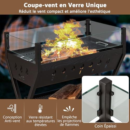 GOPLUS Barbecue à Charbon de Bois avec Verre Coupe-vent, Grille à Griller, BBQ Grill avec Supports d'Assaisonnement et Étagère de Rangement pour Pique-Nique, Jardin, Camping, 98 x 42 x 68 cm