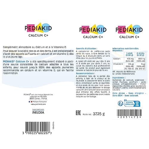 PEDIAKID Calcium C+ Enfant - Croissance Osseuse & Dents Solides 14 Sticks | Dès 3 ans, goût cola, vitamine D3, santé des os et des dents, poudre acidulée qui fond et pétille
