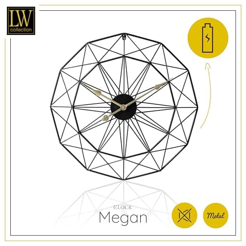 LW Collection Horloge Murale Megan Noir 60 cm - Grande Horloge Murale Industrielle en Métal - Horloge Murale Moderne - Mouvement Silencieux - Horloge Silencieuse