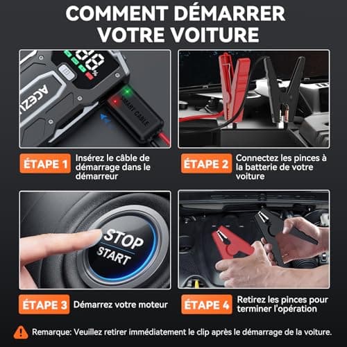 ACEZUK Booster Batterie Voiture 3000A, Démarreur de Voiture Portable (Jusqu'à 5.5L Diesel ou 7.0L Gaz), 12V Jump Starter avec 2.5 inch Écran LCD, Pinces de Sûreté Intelligentes, Lumière LED