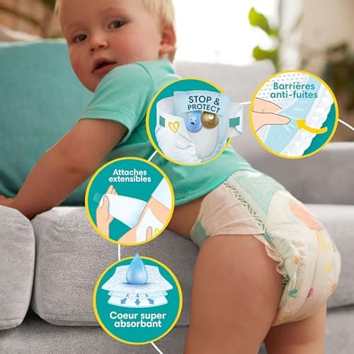 Pampers Baby-Dry, Taille 4, 204 Couches, 9-14kg, Une nuit jusqu'à 100% sans fuites avec la Poche Stop & Protect à l’arrière de la couche, Pack 1 Mois