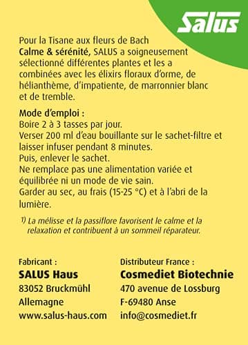 Salus Tisane Calme & Sérénité aux Fleurs de Bach AB - À Base de Mélisse, de Passiflore et d'Élixirs Floraux - Relaxation, Détente - 15 Sachets