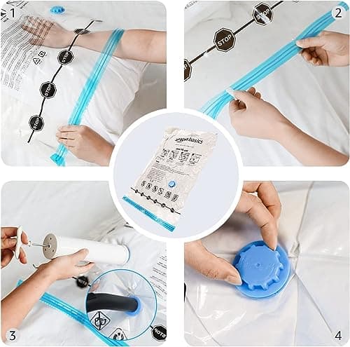 Amazon Basics de rangement sous vide avec pompe manuelle, Lot de 12, (3 jumbo, 3L, 3M, 3S), Fermeture éclair, Multiple, Blanc,bleu