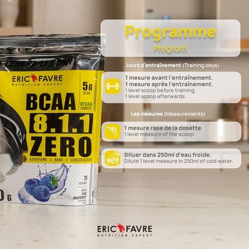 BCAA POUDRE 8.1.1 Zero - Acides Aminés Musculation Vegan - Votre Allié Pour Des Entrainements Efficaces - Performance Accentuée - 500 Gr - Laboratoire Français Eric Favre (Blue raspberry)