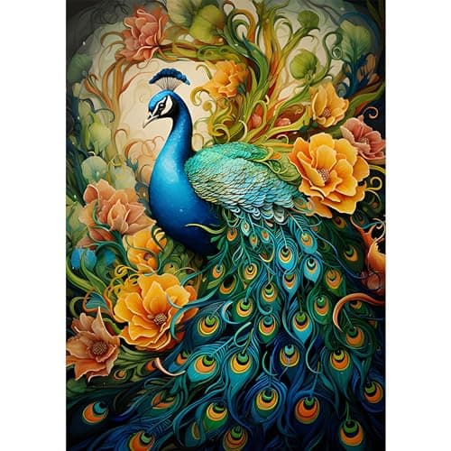 MEIYUDA 5D Diamond Painting Adulte, DIY Broderie Paon Diamant Painting Kit Complet Fleur, Peinture Diamant Artisanat Strass Point de Croix Painting pour Adultes 30x40cm