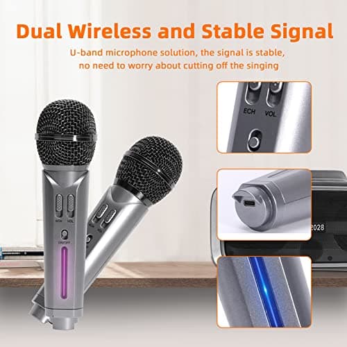 AFAITH Micro Karaoke Adulte Enfant Enceinte Karaoké avec 2 Micro sans Fil Bluetooth pour TV, Karaoke Complet 20 Watts avec Lumière LED, Sensibilité du Microphone Réglable et écho