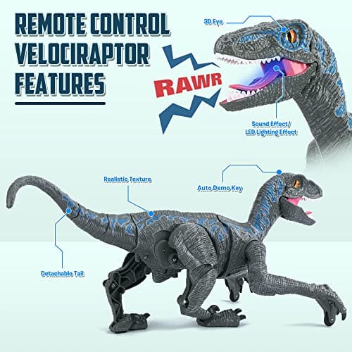 Jouets Dinosaures télécommandés 2,4 G,vélocirapteur électronique éducatif avec lumières et Sons,Jouets Robot Dinosaure alimentés par Batterie Rechargeable,Meilleurs Jouets RC Cadeaux pour Enfants