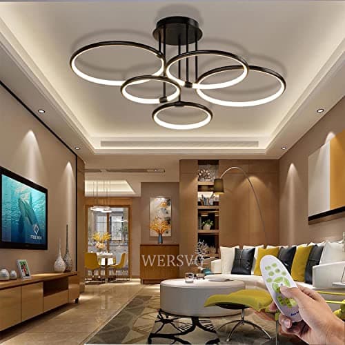 Plafonnier LED Plafonnier moderne en anneau noir, dimmable 3000K-6500K avec télécommande Lampe de chambre à coucher pour le salon Chambre à coucher Bureau Salle à manger (5 anneaux)