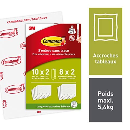 Command Languettes Accroches Tableaux, Blanc - 10 Paires de Petites Bandes (S), 8 Paires de Moyennes Bandes (M) - Bandes Adhésives Murales pour Photos, Cadres et Affiches - Fixation sans Dommage