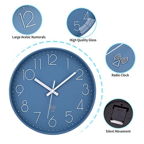 VIVILINEN Horloge Murale Radio Pilotée Silencieuse 30cm sans tic-tac Pendule Murale pour Chambre Cuisine Salon Changement d'heure Automatique avec Mecanisme Radio