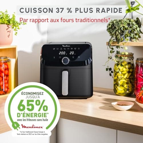 Moulinex Friteuse à air, Très grande capacité de 7.5L, 8programmes prédéfinis, Format compact, Easy Fry Mega, EZ8558F0, Noir