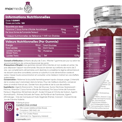 Gummies Fer avec Vitamine C - 120 Gummies Vitamine Enfant (4mois) de 3 à 12 ans - Gummies Enfant Vitamine C Acide Ascorbique & Fer Sans Allergènes - Cure Vitamine Fatigue, Os, Croissance & Immunité