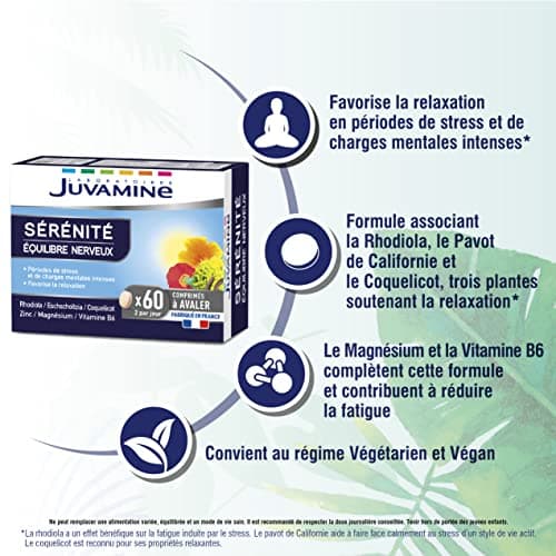 JUVAMINE - Sérénité - Équilibre Nerveux - Favorise La Relaxation et La Détente - A Base de Plantes et Minéraux - Magnésium, Vitamine B6, Rhodiola - 60 Comprimés - Fabriqué en France