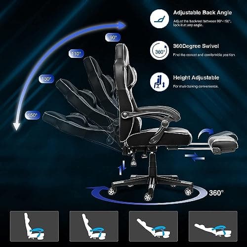 YU YUSING Massage Chaise Gaming Ergonomique Racing Chaise de Bureau avec Réglage de Hauteur, Repose-tête et Soutien des Lombaires, PU Cuir avec Repose-Pieds Rétractable, (Blanc)