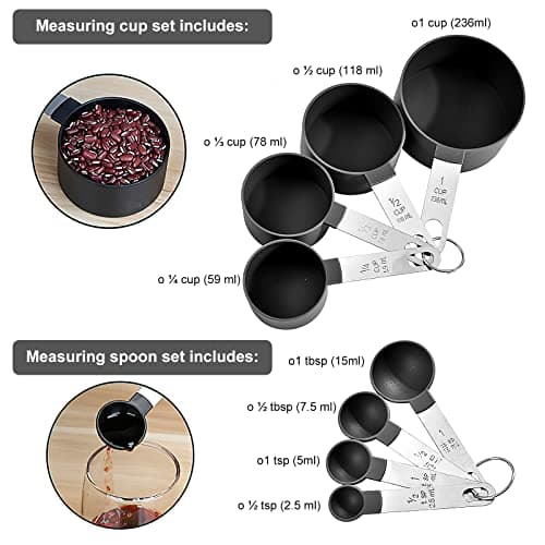 Measuring Cups, HENGBIRD Ensembles de cuillères doseuses, Lot de 8 Ensemble cuillère à mesurer et Tasse à mesurer avec poignées en acier inoxydable pour liquides et solides (Noir)