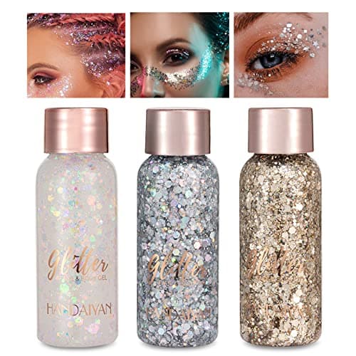 Getervb 3 Pièces Gel Paillettes Visage Festival Body Glitter Gel Paillette Cosmétique Chunky Glitter Liquide Paillette Maquillage Cheveux Ongles Lèvres Makeup (Blanc+Argent+Champagne)
