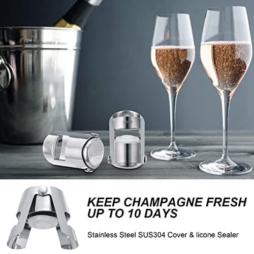 OWO Lot de 2 bouchons à champagne avec acier inoxydable - Pour champagne, cava, prosecco et vin mousseux - Bouchon compact pour bouteille de champagne