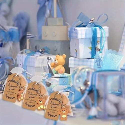 Lidzopas Lot de 18 porte-clés mignons en forme d'ours de la jungle avec étiquettes de remerciement en kraft pour sacs en organza pour décoration de fête d'anniversaire