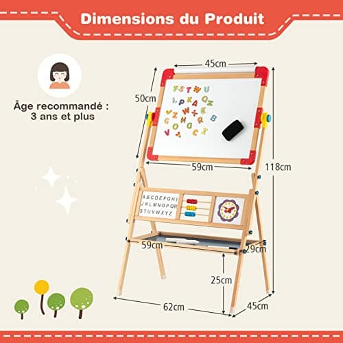 DREAMADE Chevalet d’Art pour Enfants, Chevalet en Bois Double Face Réglable avec Tableau Blanc Magnétique & Tableau Noir, Rouleau de Papier Bonus et Aimants en Lettres, Planche à Dessin Debout