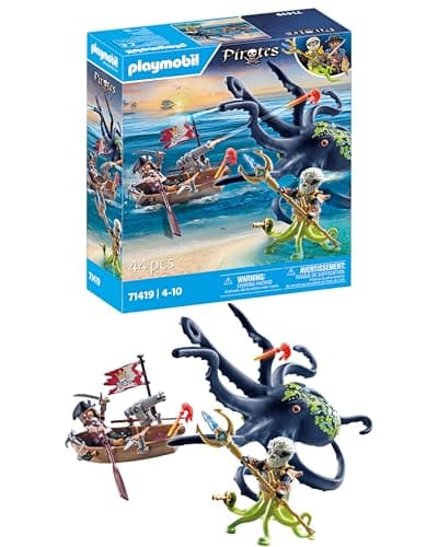 Playmobil 71419 Pirate avec Pieuvre géante, Comprend Deux Personnages, Une Pieuvre géante Qui pulvérise de l'eau, Un Bateau à rames et de Nombreux Accessoires, Univers Pirates, pour Enfants dès 4 Ans