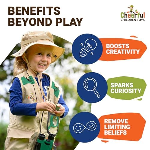 Cheerful Children Toys Kit Explorateur pour Enfants - Déguisement Aventurier avec Chapeau d’Explorateur et Gilet Cargo - pour Garçons et Filles de 3 à 7 Ans, Jouets Éducatifs STEM