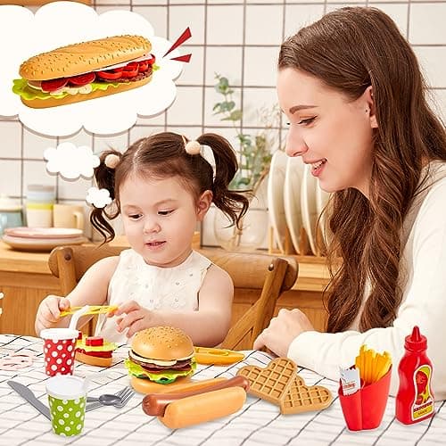 BUYGER Hamburgers Jouet Démontable pour Enfants | Accessoires Cuisine Enfant avec Plateau, Jeu d'Imitation et Éducatif pour Cuisine Dinette, Cadeau Fille Garçon 3 4 5 Ans