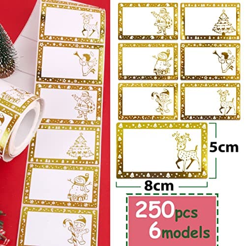 250Pcs Autocollants Etiquette Noël Auto-adhésif Cadeau Stickers Ecrit 6 Motifs Bonhomme de Neige Père Noël Renne Sapin pour Festival Noël Anniversaire Mariage Décoratifs