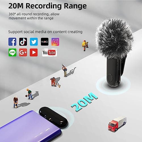LAMSCAT Microphone sans Fil pour iPhone/iOS/iPad/Android/USB C/PC, Microphone Professionnel pour Enregistrement, Streaming, Youtube, TikTok, Pas d'application nécessaire (Noir 1 à