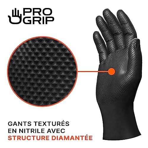 PROGRIP Gants jetables, Gants nitrile extra forts, Gant nitrile noir L, 2x plus épais, Gant noir avec structure diamant, Gants mecanicien extra-résistants, 50 pcs/boîte, gants nitrile M, L, XL, XXL