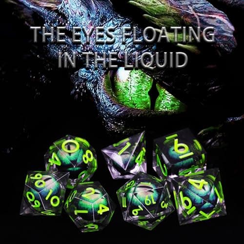 FONVGOGO Dés JDR Dés Jeu de Role pour Donjon et Dragon, Set de Dés JDR 7 Pièces Dés Œil de Dragon Mobile des Noyau Liquide Résine Polyédriques DND Dice Set (Vert)