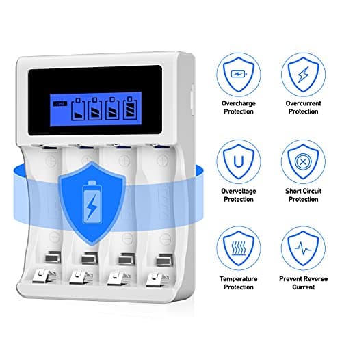BONAI Chargeur Piles Rechargeable, 4 Slots LCD Charge Rapide de pour Ni-MH/Ni-CD AA AAA Rechargeable Pile avec Port USB