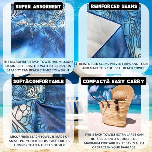 Lubibi Serviette de Plage en Microfibre,Grande Couverture de Plage,80x160cm,Séchage Rapide,Anti-Sable,Super absorbante,Serviette de Voyage Portable,pour Fitness, Camping,Natation,Yoga(Tortue Marine)