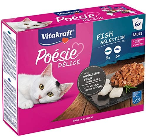 Vitakraft Poésie Délice - Repas en sauce pour chat adulte - Assortiment de poissons labellisé MSC : cabillaud et colin - Recette sans céréales ni sucre ajouté (6 x 85g)