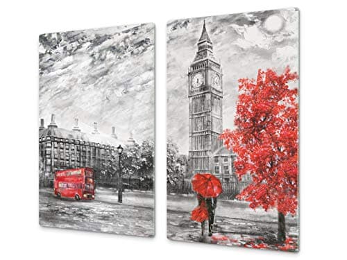 Couvre-cuisinière à induction – Planche de cuisine en verre trempé – Couvre-plaques de cuisson – UNE PIÈCE (60x52 cm) ou DEUX PIÈCES (30x52 cm chacune); D13 Série D'art: Big Ben rouge