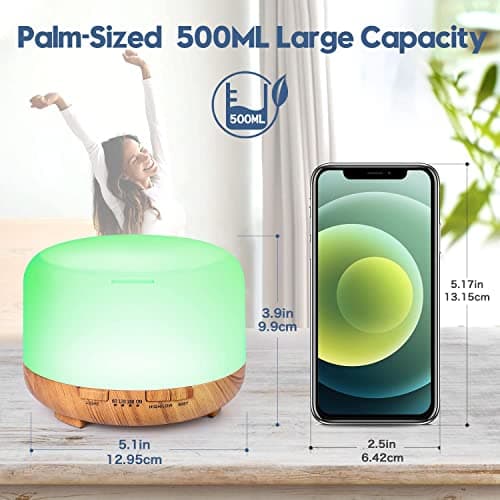 LONID 500ml Diffuseur d'Huile Essentielle, Ultrasonique Diffuseur Huiles Essentielles, Humidificateur d'air lumières 7 Colorées,Arrêt Automatique 4 Timing, Spa, Yoga, Massage,Apaisant (Bois)