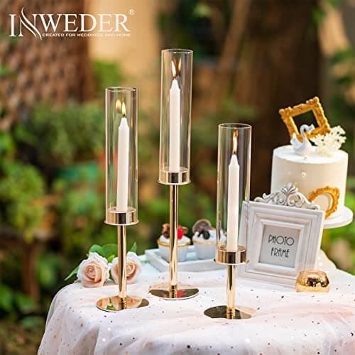 Inweder Bougeoir Doré avec Verre Amovible - Lot de 3 Bougeoirs en Verre Chandelier Bougeoir Porte Bougie Decorative Cylindres Bougeoir Decoratif pour Centre de Table de Mariage Décoration Maison