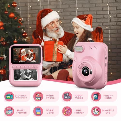 GREENKINDER Appareil Photo Instantané Enfant, 3.0" Grand Écran 14 MP Appareil Photo Enfant avec Carte de 32 Go & Papier d'impression, Appareil Photo Numérique Enfant Cadeau pour Enfants 3-12 Ans, Rose