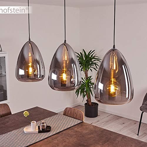 Suspension Francisco en métal anthracite et verre fumé, élégante lampe pendante retro-design idéale dans un salon moderne, pour 3 ampoules E27, ampoule(s) non incluse(s)