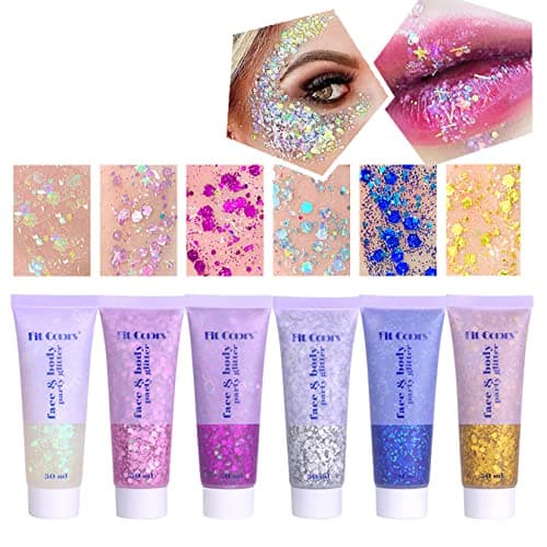 Gel Paillettes Corps, MKNZOME 6 pièces Paillette Visage Festival Maquillage Paillette Visage Gel Paillette Cheveux Glitter Makeup Colle gel Scintillant à Paillettes Longue Durée pour Fête Noël Pâques