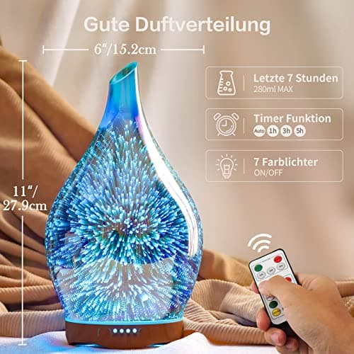 Porseme 280ml Diffuseur d'arômes en verre avec télécommande, humidificateur à ultrasons 3D soufflé à la main, silencieux,mise hors tension automatique,fonction minuterie, humidificateur pour la maison