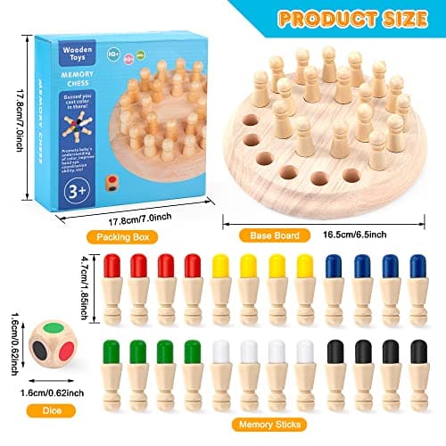 Échecs de Mémoire Jouets Montessori Enfant, Jeu d'échecs de Mémoire en Bois, Couleur Jeux de Mémoire Éducatifs Jeu de Societe Cadeaux pour Garcon Fille et Personnes âgées