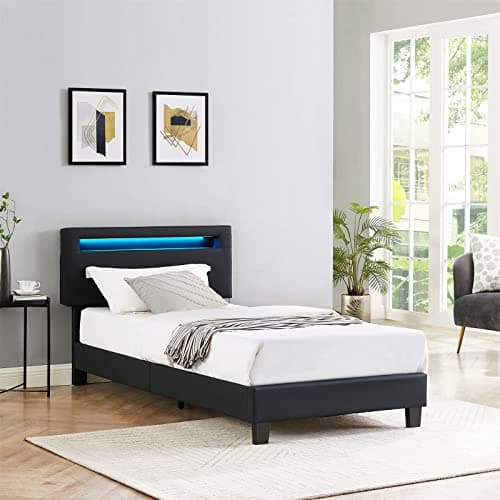 IDIMEX Lit LED Simple 90x190 cm avec sommier, tête de lit réglable en Hauteur, en synthétique Noir, Evan