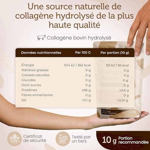 WOWNATUR® Collagen Poudre 500g Powder - Solubilité parfaite - Hydrolysat de collagène de première qualité - Petite taille des peptides de type 1, 2 et 3 - Goût et odeur neutres - L'original