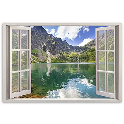 Feeby 1 pièces Tirages sur Toile intissée XXL 120x80 cm Fenêtre Paysage Montagnes Lac Art Image Deco Artistique Salon Esthétique Nature Forêt Arbre Vert