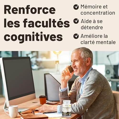 Complexe de capsules de supplément de champignons Lions Mane - Supplément sans caféine, extrait de crinière de lion - 120 capsules végétaliennes de Bacopa Monnieri, Gotu Kola, Ginseng