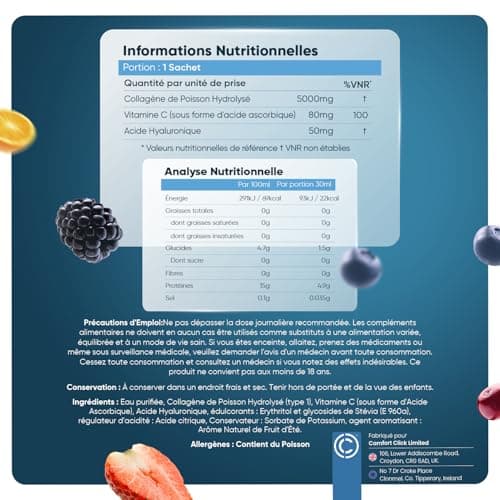 Collagène Marin Hydrolysé Liquide 5000mg/Dose + Acide Hyaluronique & Vitamine C - Immunité, Beauté, Peau & Articulations - Collagène Marin Peptide Type 1 Goût Fruité 420ml (14 Sachets x 30ml)